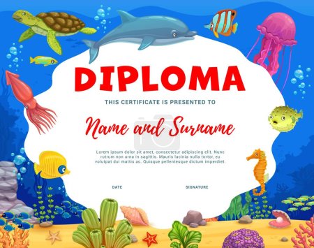 Illustration for Kids diploma, cartoon animals and fish in underwater landscape. Education school or kindergarten certificate, vector award frame template with funny turtle, jellyfish, sea horse and squid or dolphin - Royalty Free Image
