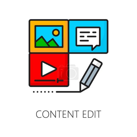 Ilustración de Edición de contenido, CMS, icono del sistema de gestión de contenidos. Vector editar lápiz, vídeo, música y fotografía archivos multimedia aislado símbolo de línea de color de las tecnologías de desarrollo de CMS y marketing web - Imagen libre de derechos