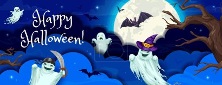 Illustration for Halloween paper cut, cartoon eerie flying ghosts and bats, vector horror night holiday background. Halloween party banner in paper cut 3d layers with witch ghosts and spooky ghouls in haunted forest - Royalty Free Image