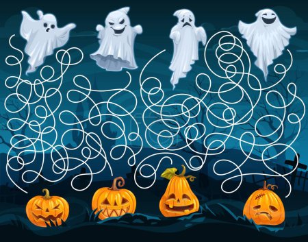 Téléchargez les illustrations : Labyrinthe Halloween enfants labyrinthe, aider les fantômes à trouver les citrouilles. Feuille de calcul de jeu de carte vectorielle avec des fantômes drôles de dessin animé et des lanternes jack. Jeu de société avec chemin embrouillé, début et fin, tâche d'énigme - en licence libre de droit