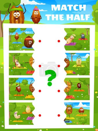 Illustration for Match the half of cartoon nuts characters on yoga. Vector game worksheet with coconut, peanut, walnut and cashew. Almond, sunflower or pumpkin seeds, pekan, hazelnut and brazil kernels personages - Royalty Free Image