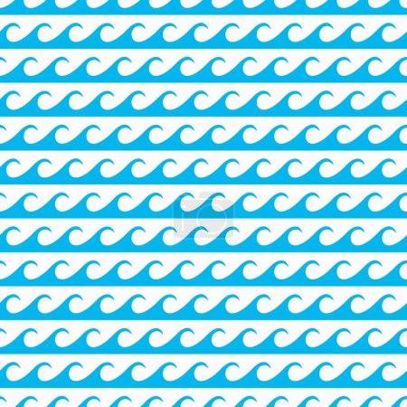 Téléchargez les illustrations : Modèle de vagues, lignes ondulées bleu mer ou océan sur fond sans couture, courbes ondulées vectorielles de l'eau. Modèle de vagues d'ondulations de marée, aqua zigzag avec boucles de surf, ornement sans couture nautique ou motif de tuiles - en licence libre de droit