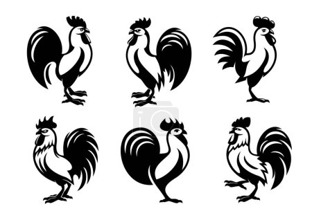 Ilustración de Icono de silueta de gallo, gallo o gallo. Producción de carne de ganado, emblema monocromo de empresa, agricultura avícola o granja de aves domésticas icono o símbolo retro vector con gallos - Imagen libre de derechos