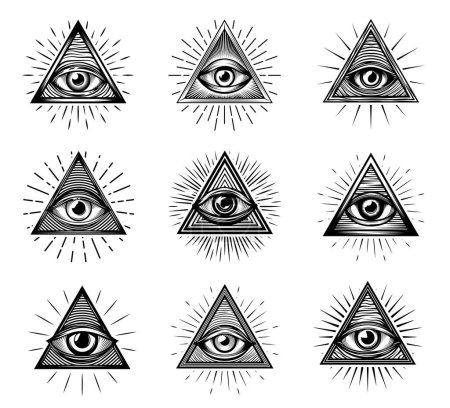Illustration for Illuminati eyes with mason pyramids. Triangle providence symbols with all seeing eye of God and glory light sketches. Vector engraving tattoo, occult, esoteric religion and alchemy magic amulets - Royalty Free Image