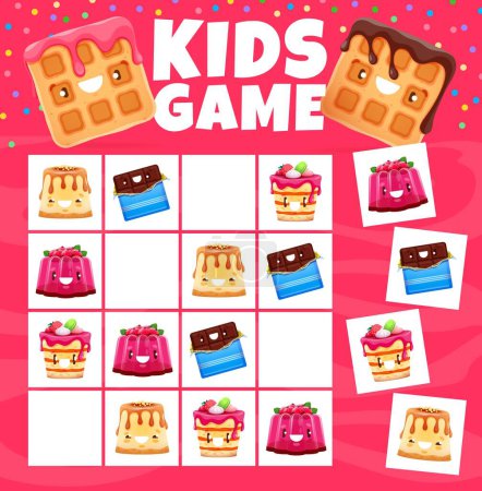 Illustration for Sudoku kids game cartoon sweets, dessert and cake characters. Vector riddle worksheet count how many kawaii chocolate, jelly, pudding and pies on chequered board. Children sparetime crossword teaser - Royalty Free Image