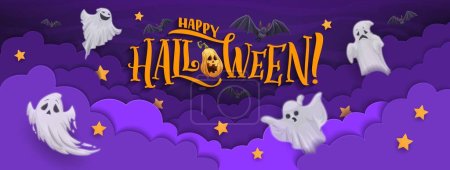 Illustration for Halloween paper cut banner. Flying ghosts and bats in night sky clouds. Happy Halloween holiday party vector 3d background or paper cut horizontal poster with pumpkin lantern, flying in cloud monsters - Royalty Free Image