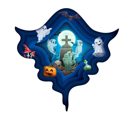 Illustration for Halloween paper cut double exposition ghost silhouette, vector background. Happy Halloween in 3d papercut, pumpkin and horror night party on cemetery grave with zombie hand and skull on tombstone - Royalty Free Image