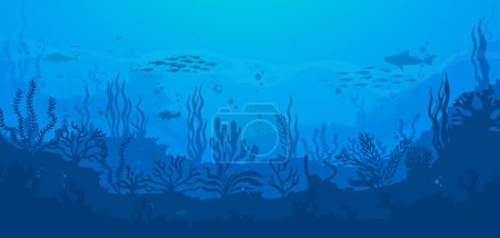 Illustration for Cartoon underwater sea landscape silhouette with fish shoal and shark in seaweeds, vector background. Undersea or ocean coral reef silhouette landscape with dolphin in deep water of sea bottom - Royalty Free Image