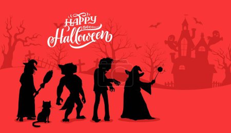 Illustration for Halloween characters silhouettes. Vector background with zombie, witch, black cat, wizard and werewolf spooky personages on cemetery with old castle. Night graveyard with tombs, scary trees and bats - Royalty Free Image