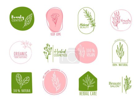 Illustration for Organic vegan food and herbal care cosmetics icons, spa and beauty symbols with vector thin line plants. Eco farm, healthy vegetarian, natural bio product outline labels with green leaves and flowers - Royalty Free Image