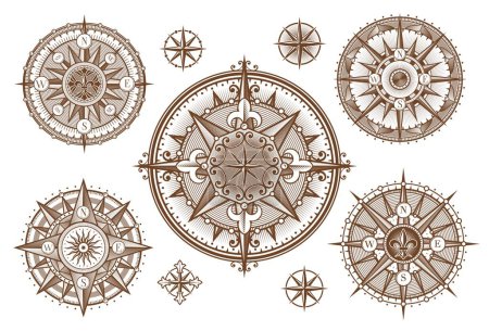 Téléchargez les illustrations : Vintage médiéval antique rose des vents gravures boussole avec soleil et étoiles. Gravures sur bois vectorielles anciennes boussoles avec flèches ornées du nord, de l'est, de l'ouest, du sud, fleur de lis victorienne et rouleaux - en licence libre de droit