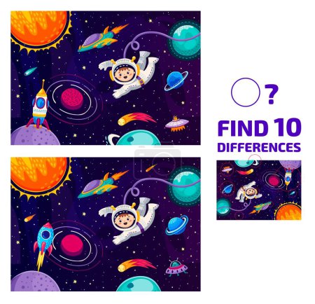 Téléchargez les illustrations : Trouvez dix différences dans le paysage de la galaxie, astronaute dans l'espace et la fusée, jeu de puzzle vectoriel. Homme de l'espace de bande dessinée avec extraterrestre ovni et vaisseau fusée dans les enfants quiz pour trouver dix différences - en licence libre de droit