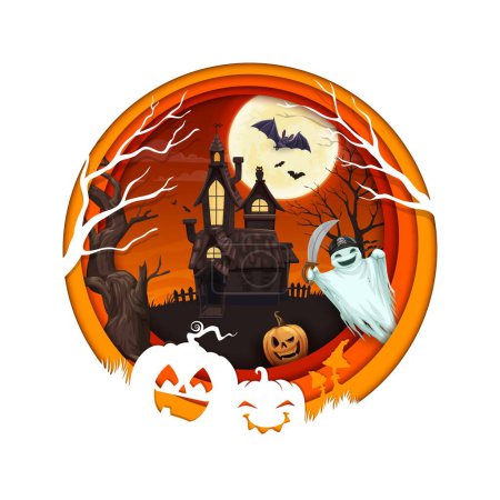 Illustration for Halloween paper cut castle and cartoon ghost characters. Vector background with 3d effect round papercut frame, amanita and pumpkin, haunted house, trees, bats, moon and funny pirate spook at night - Royalty Free Image
