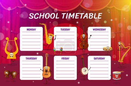 Illustration for Education timetable schedule. Cartoon musical instrument characters on the stage. School classes vector timetable, lessons schedule with harp, saxophone, violin and guitar, banjo, drum cute personages - Royalty Free Image