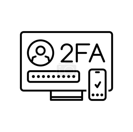 Illustration for 2FA, two factor verification or authentication icon. Vector user identity verification password and login notice on thin line mobile phone and computer screens. 2FA for website or app secure log in - Royalty Free Image