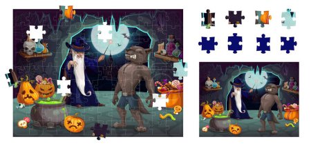 Illustration for Jigsaw puzzle game pieces. Halloween werewolf, pumpkins and sorcerer in cave. Right fragment match game, shape find quiz vector worksheet with scary wizard or mage, ghoul monster Halloween personages - Royalty Free Image