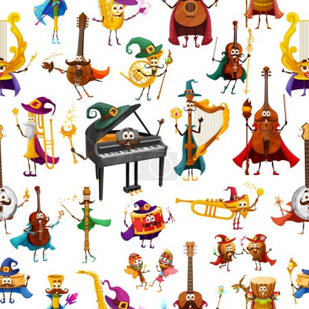 Cartoon musical instrument wizard characters seamless pattern. Magic music orchestra vector background with funny guitar magician, piano and saxophone witches, harp mage and lyre fairy personages