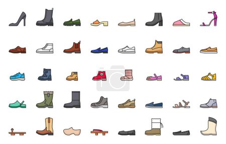 Illustration for Footwear line icons, shoes, sneaker and boots, vector fashion foot wear pictograms. Shoes icons of sport sneakers, women high heels and leather sandals, kid flip-flops and men loafer or clogs - Royalty Free Image