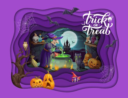 Illustration for Halloween paper cut banner. Cartoon witch and cave with magic potion and pumpkins. Vector holiday papercut double exposition design with 3d effect frame, old hag with cauldron, cat and night castle - Royalty Free Image