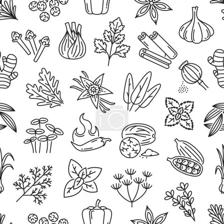 Illustration for Spice, herbs and seasonings seamless pattern. Textile pattern, wrapping paper vector print or fabric backdrop. Wallpaper seamless background with fennel, clove, coriander and cinnamon, garlic, arugula - Royalty Free Image