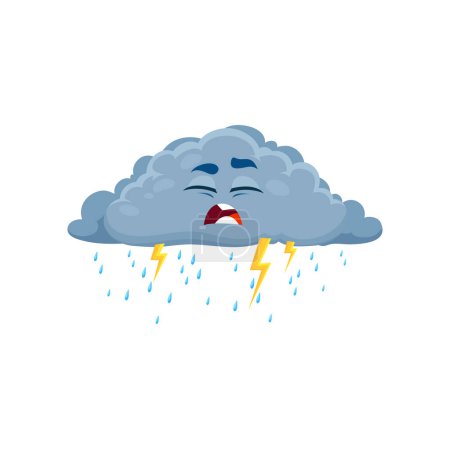 Ilustración de Caricatura infeliz rayo nube carácter del tiempo. Nube gris esponjosa y lluviosa vectorial aislada con gotas de lluvia que caen desde el fondo y destellos de rayos. Personaje nublado con expresión de cara triste - Imagen libre de derechos