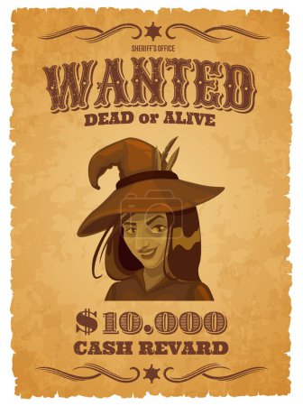 Illustration for Halloween wanted banner with cartoon witch. Grungy vector parchment with hag wear hat with feathers. Sheriff office announcement for searching dangerous criminal dead or alive, cash reward announce - Royalty Free Image