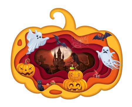 Illustration for Halloween paper cut pumpkin double exposition with cemetery and flying ghosts, vector background. Halloween holiday or horror night card in 3d papercut layers with pumpkin lanterns on cemetery - Royalty Free Image