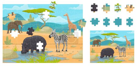 Téléchargez les illustrations : Puzzle pièces de jeu de puzzle. Savane africaine animaux safari. Partie match quiz feuille de calcul, fragment connecter puzzle vectoriel ou figure trouver énigme avec éléphant dessin animé, girafe, zèbre et hippopotame - en licence libre de droit