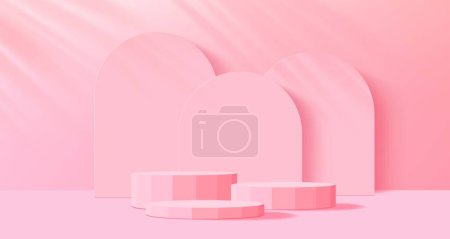 Ilustración de Pódium rosa o coral, soporte de exhibición de producto o maqueta vectorial de plataforma con fondo de pared de arco pastel. Pedestal realista 3d de estudio con base geométrica para presentación de productos o premios - Imagen libre de derechos