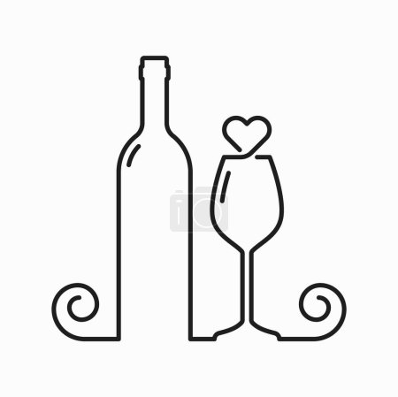 Illustration for Wine bottle and glass with heart love outline icon. Vector winery product, alcohol drink thin line label. Glass bottle, burgundy beverage and goblet - Royalty Free Image