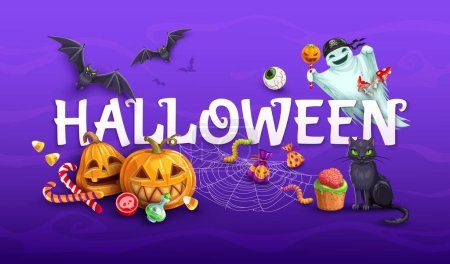 Illustration for Halloween banner with cartoon characters and sweets. Pumpkin lantern, ghost character and witch black cat, flying bats, cobweb and Halloween trick or treat candies and sweet pastry vector background - Royalty Free Image