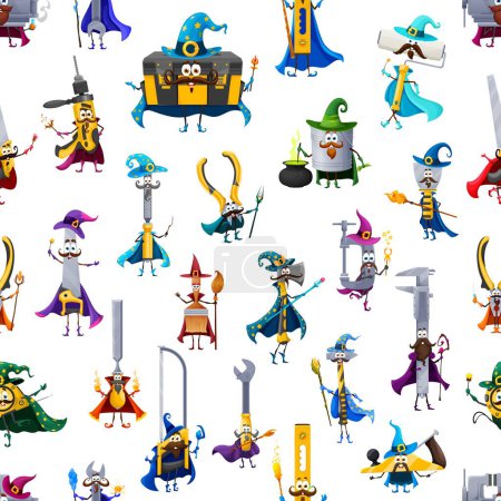 Illustration for Cartoon tools wizard and warlock characters seamless pattern. Textile print vector pattern. Wrapping paper seamless backdrop with toolbox, axe, saw and wrench, vise, spatula sorcerer cute personages - Royalty Free Image