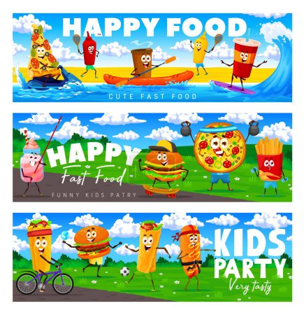 Illustration for Cartoon cheerful fastfood characters on sport vacation. Takeaway cafe vector banners with pizza, sauces and soda, hamburger, french fries and pizza cute personages surfing, skating and playing soccer - Royalty Free Image