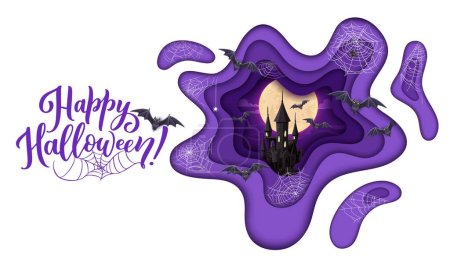 Illustration for Halloween paper cut midnight castle and flying bats, horror night holiday vector poster. Happy Halloween 3d papercut layers with spider cobwebs, haunted castle and full moon for Halloween party - Royalty Free Image