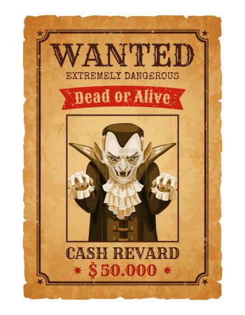 Illustration for Halloween wanted banner, cartoon dracula monster character. Grungy vector parchment with spooky count vampire stretching arms with sharp nails. Extremely dangerous dead or alive, cash reward announce - Royalty Free Image