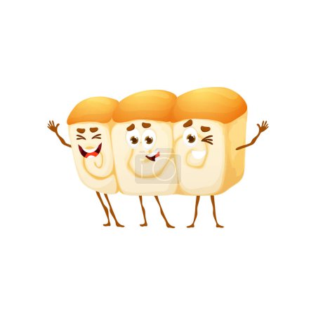 Illustration for Cartoon Japanese shokupan bread characters, vector bakery and pastry funny food. Shokupan or milk bread loaf from Japan cuisine, pastry bun rolls as emoji or comic food emoticon - Royalty Free Image