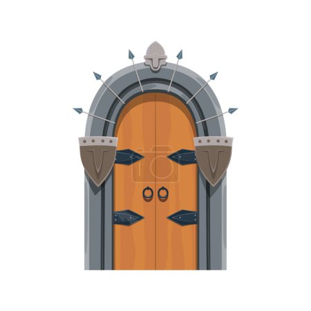 Illustration for Medieval castle gate or fortress dungeon wooden door with stone arch, vector cartoon. Medieval palace or fortress doorway with ancient metal door knob, castle or citadel entrance with guardian shields - Royalty Free Image