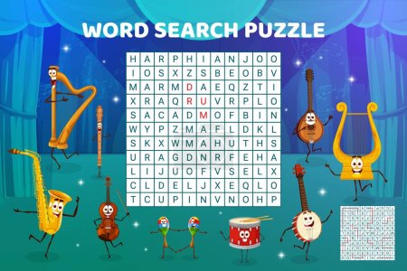 Word search puzzle game worksheet. Cartoon musical instrument characters on the stage. Crossword grid vector quiz or riddle with harp, saxophone, flute, violin and maracas, drum funny personages