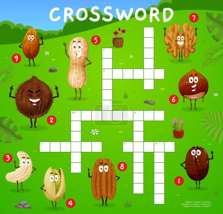 Illustration for Crossword quiz game grid cartoon nut characters. Vector find a word worksheet vocabulary test with coconut, coffee, cashew and pistachio. Peanut, hazelnut, walnut or pecan and almond personages - Royalty Free Image