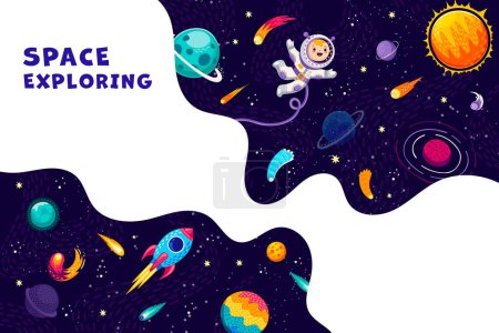 Ilustración de Banner espacial con astronauta niño, cohete, planetas y galaxia estrellada. Dibujos animados vectoriales divertido cosmonauta flotar en la ingravidez en la galaxia en el paisaje del mundo celeste alienígena con estrellas, asteroides o cometas - Imagen libre de derechos
