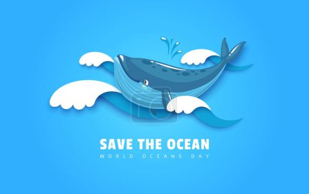 Illustration for World oceans day, cartoon funny blue whale on paper cut sea waves, vector background. Save ocean, sea eco environment and undersea life protection poster with papercut whale on water waves - Royalty Free Image