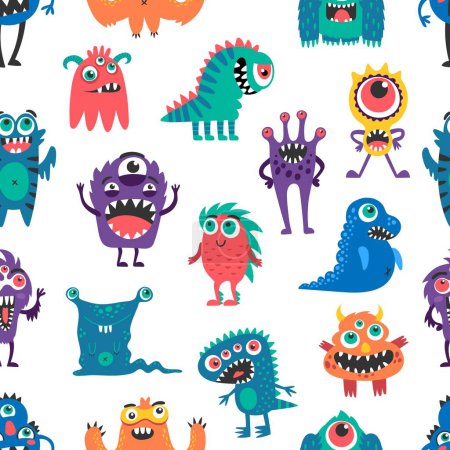 Ilustración de Dibujos animados personajes monstruo patrón sin costuras, vector de fondo con criaturas divertidas. Animales extraños alegres y monstruos felices, trolls y yeti bigfoot y cíclope con gremlin en patrón - Imagen libre de derechos