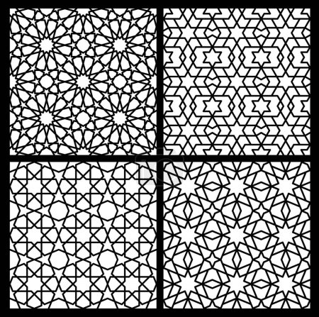 Ilustración de Mashrabiya arabesco patrón islámico ventana árabe. Fondo de rejilla árabe sin costura vectorial, telón de fondo monocromo repetido con celosía oriental. Conjunto de adornos de malla de azulejos árabes, turcos o tradicionales - Imagen libre de derechos