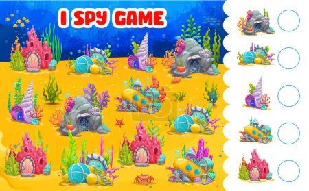 Illustration for I spy game worksheet, cartoon house buildings in underwater landscape, vector kids quiz. Undersea dwelling shelters in ocean rock, seashell or submarine, puzzle quiz to find and match similar picture - Royalty Free Image