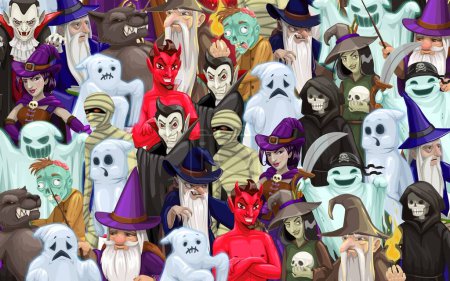 Ilustración de Encontrar un juego único personaje de Halloween. Niños vector tarea educativa búsqueda de personajes de dibujos animados entre fantasmas, zombis, brujas, hombre lobo o mago, diablo, vampiro o momia. Niños acertijo concurso o rompecabezas - Imagen libre de derechos