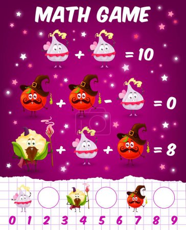 Illustration for Math game worksheet cartoon tomato, garlic and cauliflower wizards. Vector mathematics riddle for children count how many fantasy vegetable characters educational and learning arithmetic puzzle task - Royalty Free Image