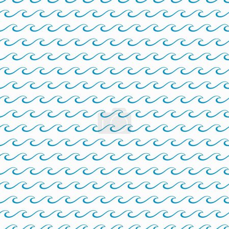 Téléchargez les illustrations : Ondes marines bleues motif sans couture. L'océan vectoriel éclabousse le fond ou l'ornement dans un style nautique simple pour le textile, le papier d'emballage ou le décor en tissu. Lignes d'écoulement fluviales horizontales, ruisseaux ondulés répétés - en licence libre de droit