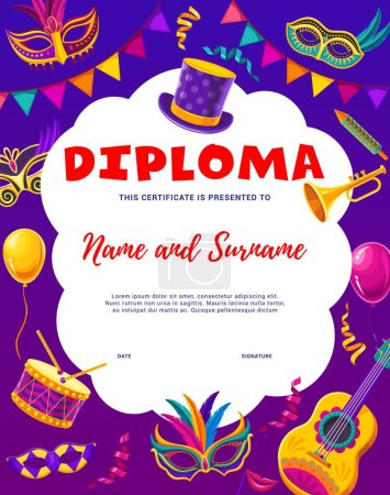 Illustration for Samba dancer diploma with Brazilian carnival masks, clothes and decorations, vector certificate. Latin dance school certificate diploma award template with music instrument, guitar, drum and balloons - Royalty Free Image