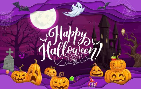 Illustration for Halloween paper cut landscape. Cartoon funny pumpkin characters and midnight cemetery. Vector background with 3d effect papercut waves, old castle, ghost, bats, spider web, candies and trees at night - Royalty Free Image