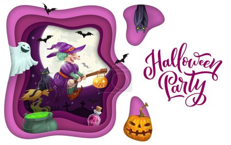 Illustration for Halloween paper cut flying witch, magic potion and cartoon ghost. Halloween holiday celebration party paper cut invitation card, vector banner or background with horror characters, pumpkin lantern - Royalty Free Image